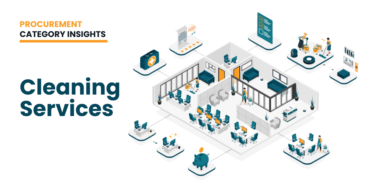 Isometric illustration of an office space with multiple interconnected elements including office desks, cleaning staff, maintenance tools, health and safety, cost-saving piggy bank, and performance analytics, representing an efficient and well-maintained office environment.